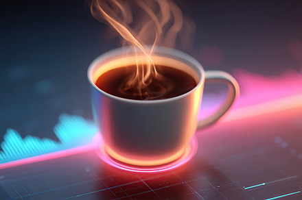 Ceramic mug of coffee steaming against a modern digital background at home, a Food & Drink Photo by AlyaAnd