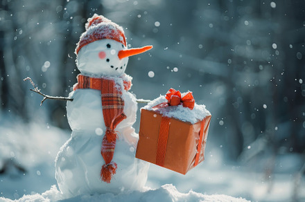 A playful snowman, adorned with a sc, a Photo by Tanuart