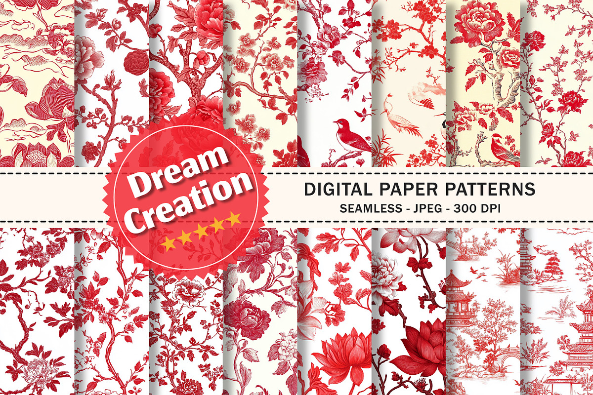 Red & White Chinoiserie Digital Pape, a Texture Graphic by Dream Creation (Photo 1 of 7)