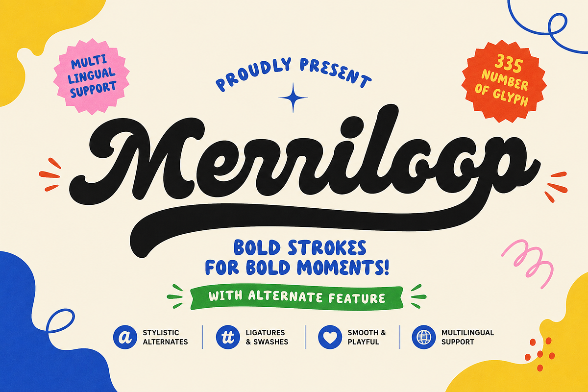 Merriloop - Bold Retro Script Font, a Script Font by PaperMoon (Photo 1 of 8)