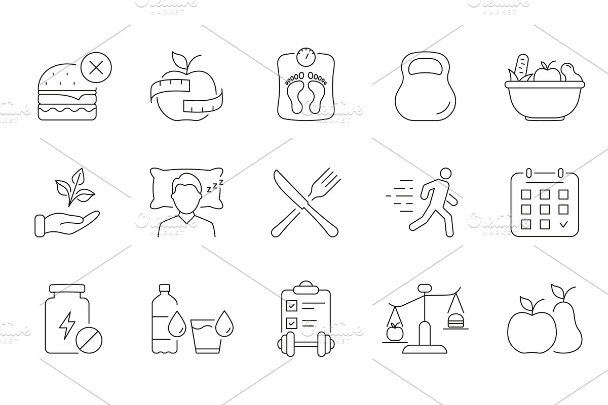 Healthy Lifestyle Line Icon Set, a Food Illustration by Vector Creator