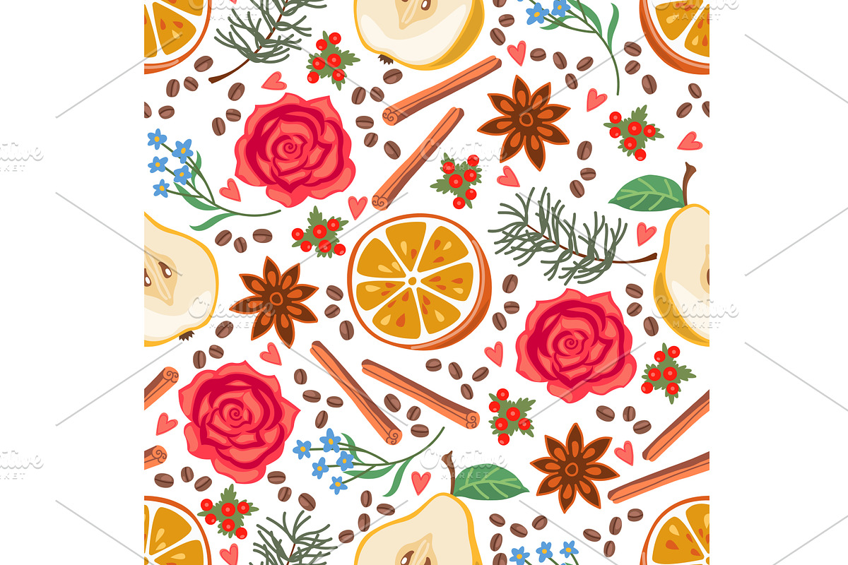 Fruit pieces and flowers seamless, an Object Illustration by Vectorbuum