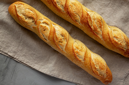 Homemade French Bread Baguette on a gray background, top view., a Food & Drink Photo by LiudmylaChuhunova