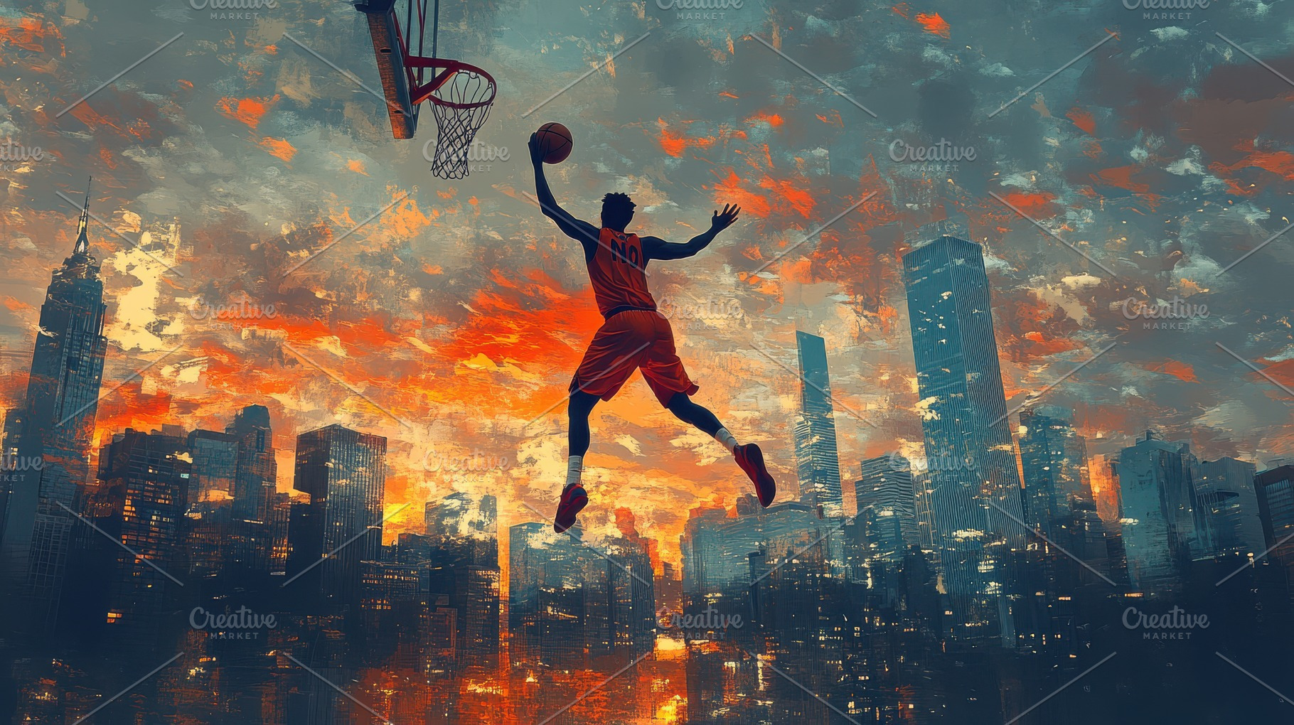Basketball player over city skyline,, a Sports & Recreation Photo by Pixeness Studio
