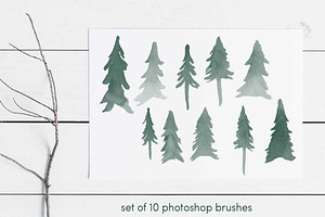 Watercolor Evergreen Trees Brush Set