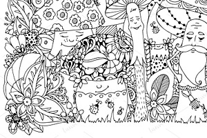 Doodle Cartoon Mushrooms, Forest