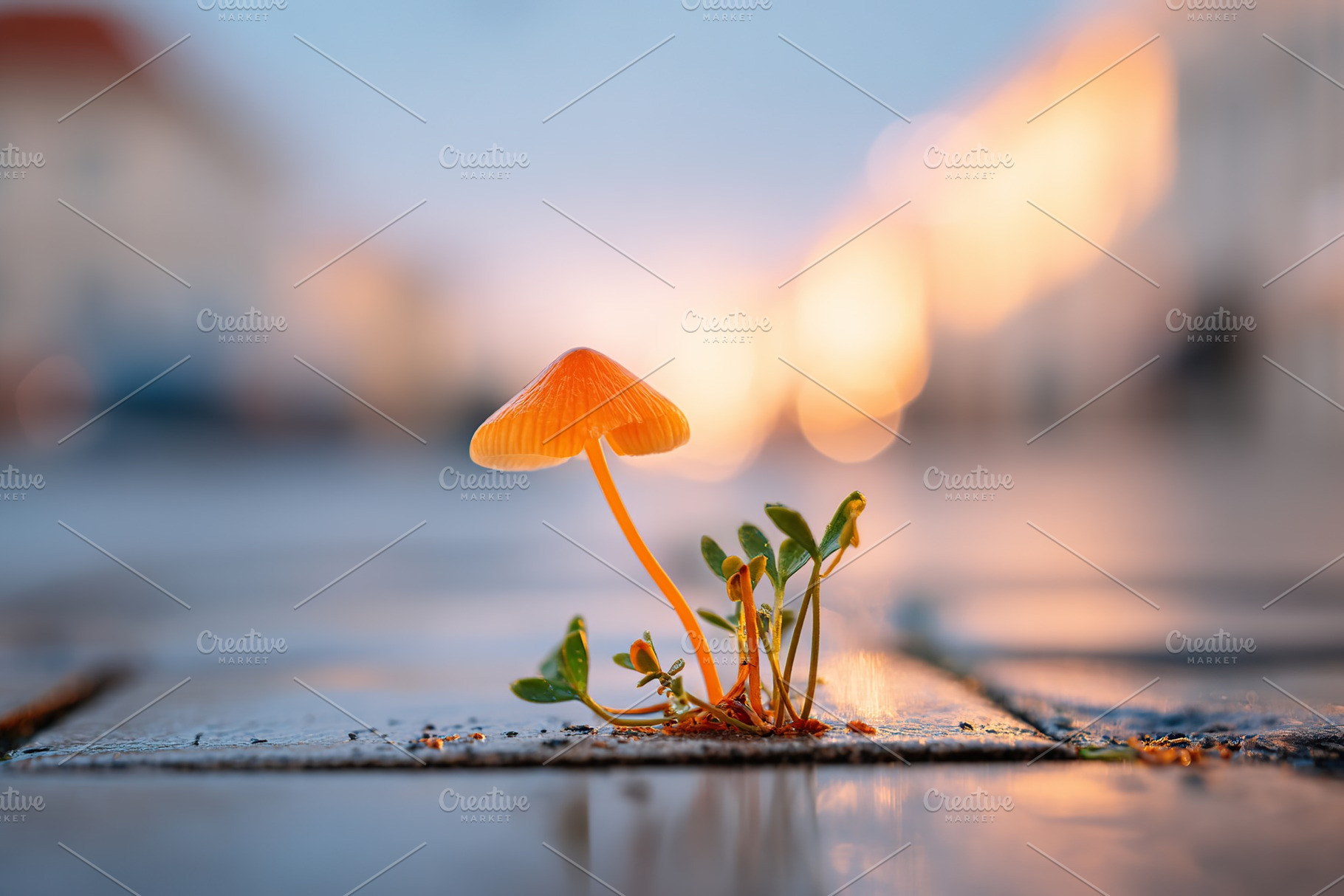 Wild mushroom thriving between cracks in an urban setting during golden hour, a Photo by AlyaAnd