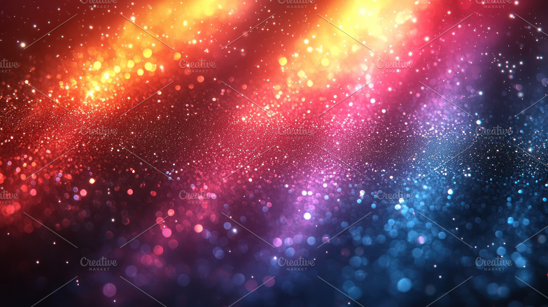Colorful glowing glitter particles in red yellow purple and blue bokeh light pa, an Abstract Photo by José Manuel Gelpi