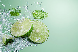 Lime pieces falling into water on green background, a Photo by AlyaAnd