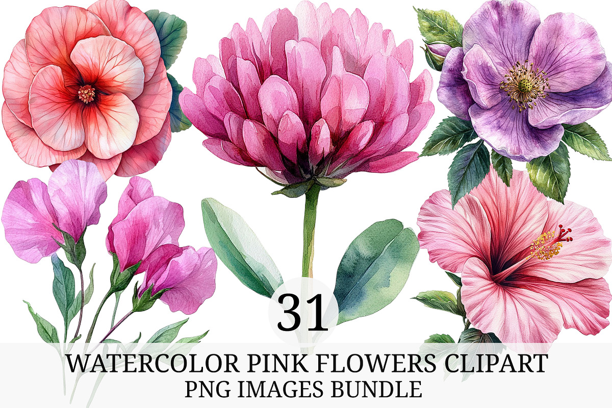 Watercolor Pink Flowers Clipart, an Illustration by Craft Nest (Photo 1 of 7)