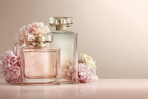 Two elegant perfume bottles standing with soft pink flowers, cre, a Photo by Studio ANNA