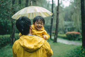 Happy child in yellow raincoat held, a Photo by Pixeness Studio