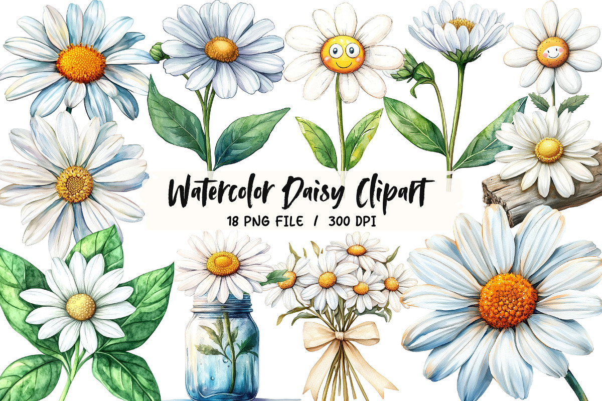 Watercolor Daisy Clipart, an Illustration by Libby Wishes (Photo 1 of 5)