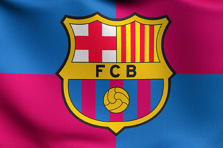 FC Barcelona flag blowing in the wind. Emblem of Football Club F, a Photo by Tampatra