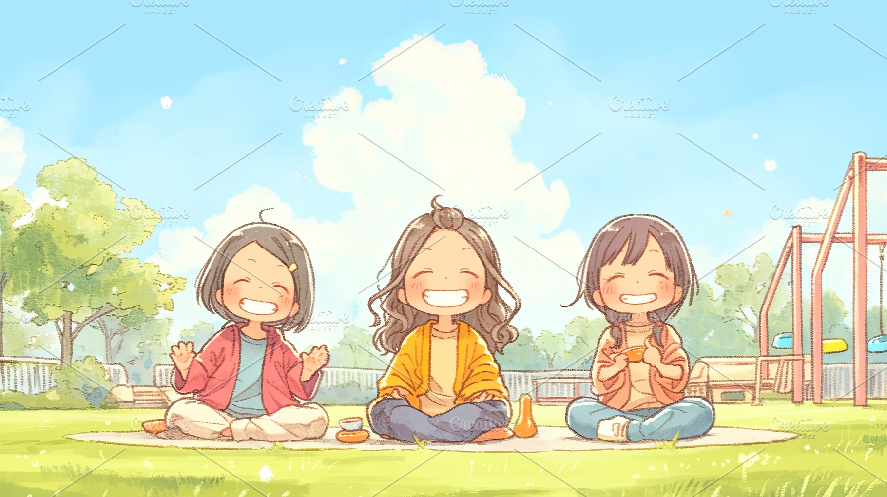 Three laughing women enjoying a sunny day in a serene outdoor park, a Photo by AS photostudio