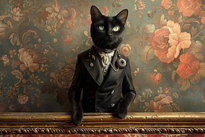 Black cat in a groom's attire, stand, a Photo by LOGOCREATIVE