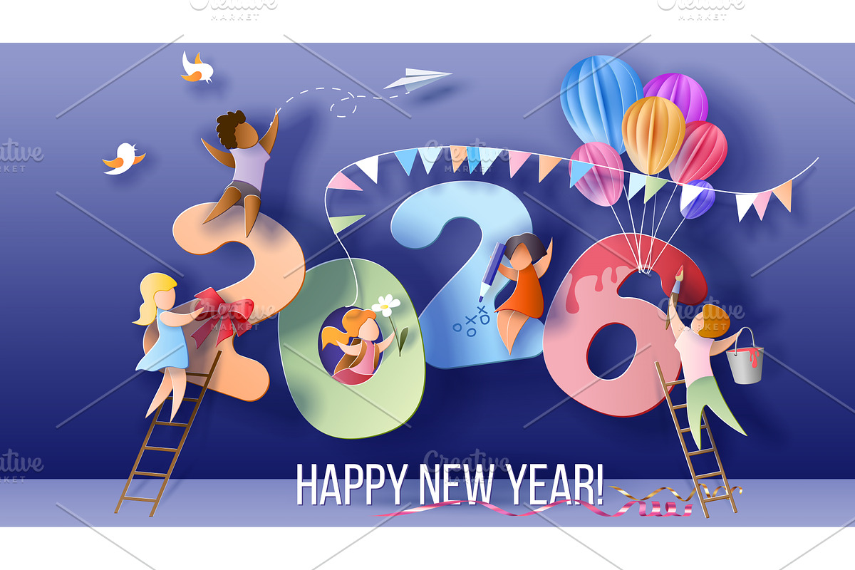 2025 New Year design card with kids, a Person Illustration by Valenty