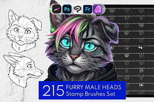 215 Furry Male Head Procreate Stamps, a Brush Add-On by Selentaori Studio