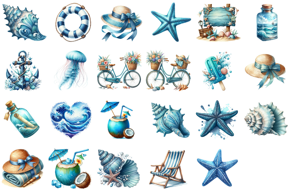 Watercolor Blue Summer Beach Clipart, an Illustration by Sublimation Artist (Photo 2 of 6)