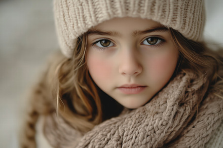 A close-up portrait of a young girl with long hair, wearing a knitted beige hat, a Person Photo by Textures & Backgrounds