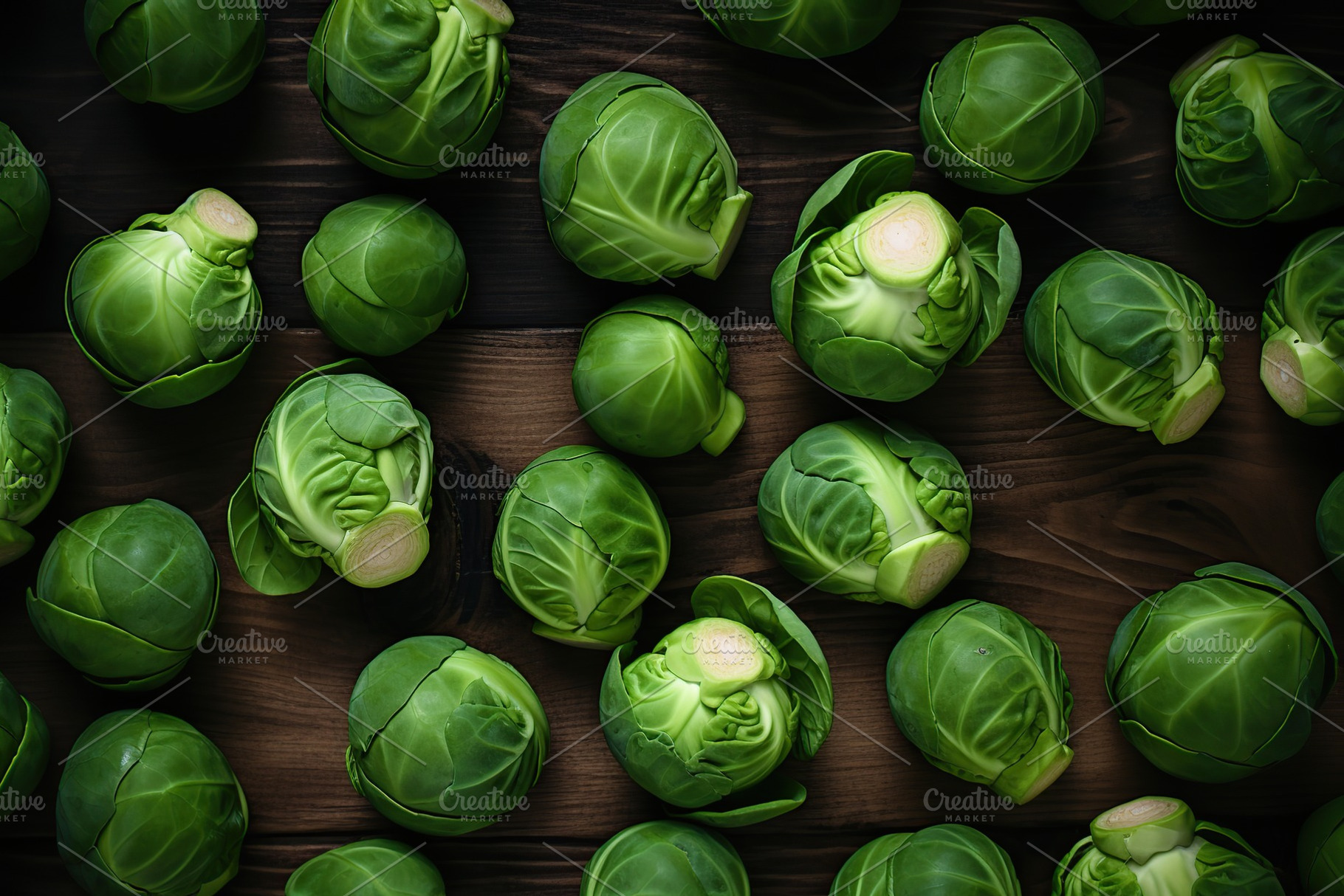 Fresh brussels sprouts on wooden background, a Food & Drink Photo by AlyaAnd