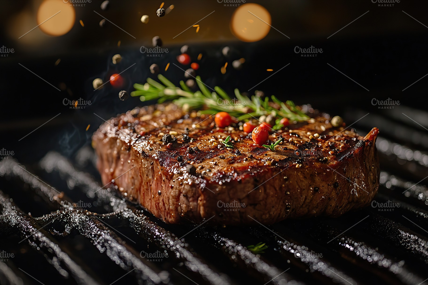 A deliciously grilled steak on a barbecue, enhanced with herbs and a sprinkle o, a Food & Drink Photo by AlyaAnd