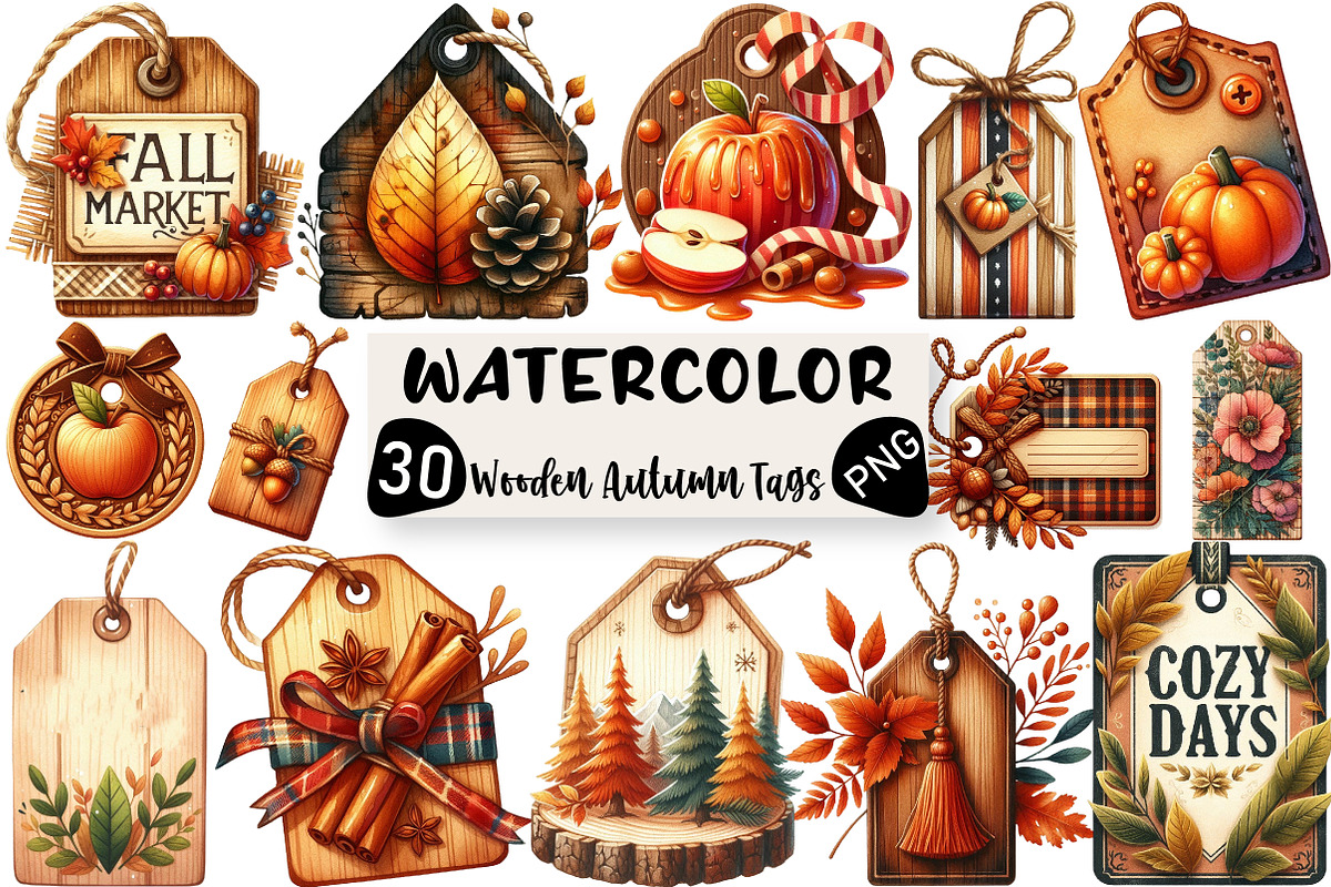 Vintage Wooden Autumn Tags Clipart, an Illustration by Black Bird Studio (Photo 1 of 6)