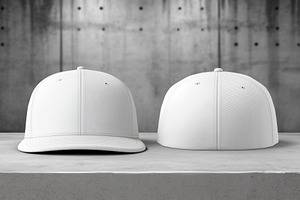 Two white baseball caps mockup on a concrete surface, showcasing front and back, a Hat Mockup by Textures & Backgrounds