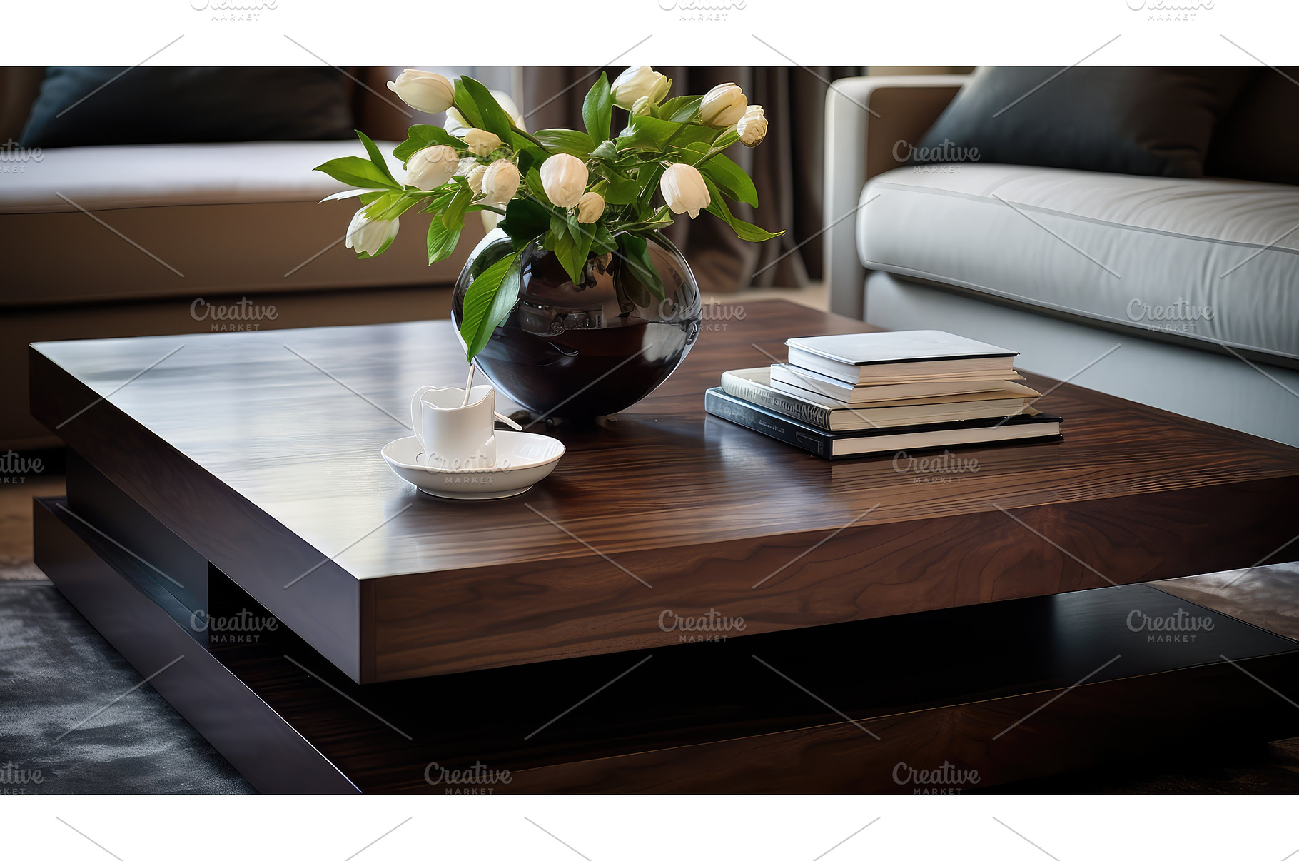 dark wood coffee table ai generated, an Arts & Entertainment Photo by pikepicture