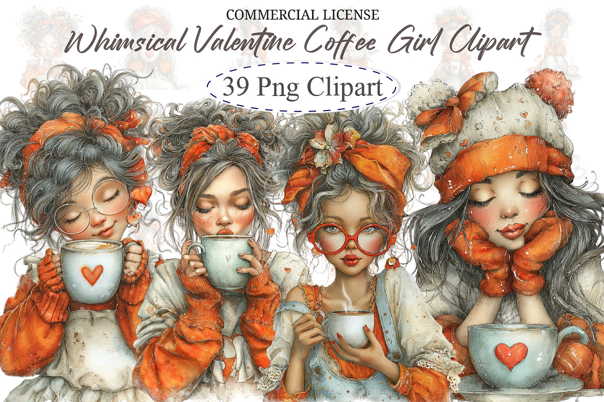 Whimsical Valentine Coffee Girl Clip, an Illustration by designcity5 (Photo 1 of 5)