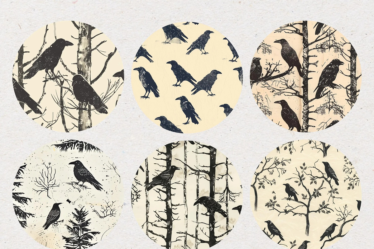 Crow Stamp Printed Seamless Patterns, a Pattern Graphic by Natural Planners (Photo 3 of 4)