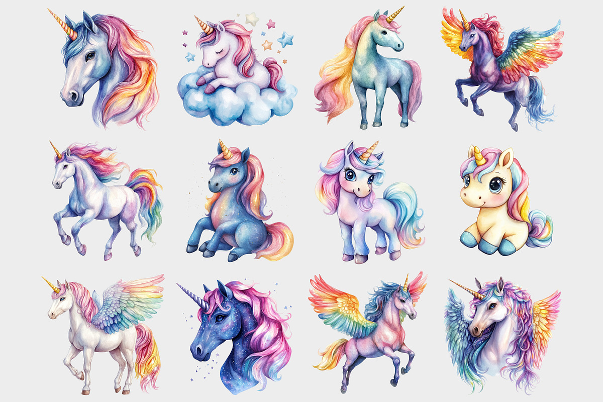 Watercolor Rainbow Unicorn Clipart, a Seasonal Illustration by Design Market (Photo 3 of 5)