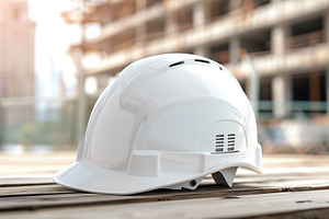 Safety helmet on sunshine and blurred construction background, a Photo by AlyaAnd