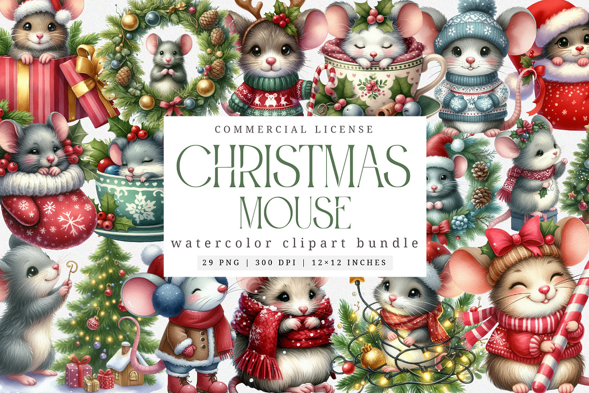 Christmas Mouse Clipart Bundle, an Illustration by SinaCreation (Photo 1 of 7)