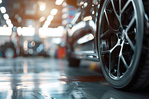 Car wheel with new tire on blurred garage background, a Transportation Photo by AlyaAnd