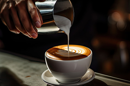 Barista pouring milk in a cup of cof, a Photo by Iftikhar Alam
