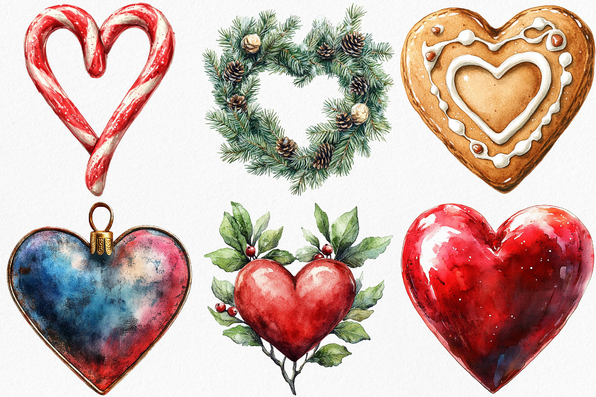 Watercolor Christmas Hearts Clipart, an Illustration by Canvas Craft (Photo 4 of 8)