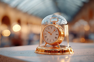 Clock under glass dome showcasing elegant design on a stylish pedestal in a wel, a Photo by AlyaAnd