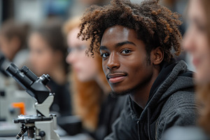 Young student engages in science cla, a Photo by Tanuart