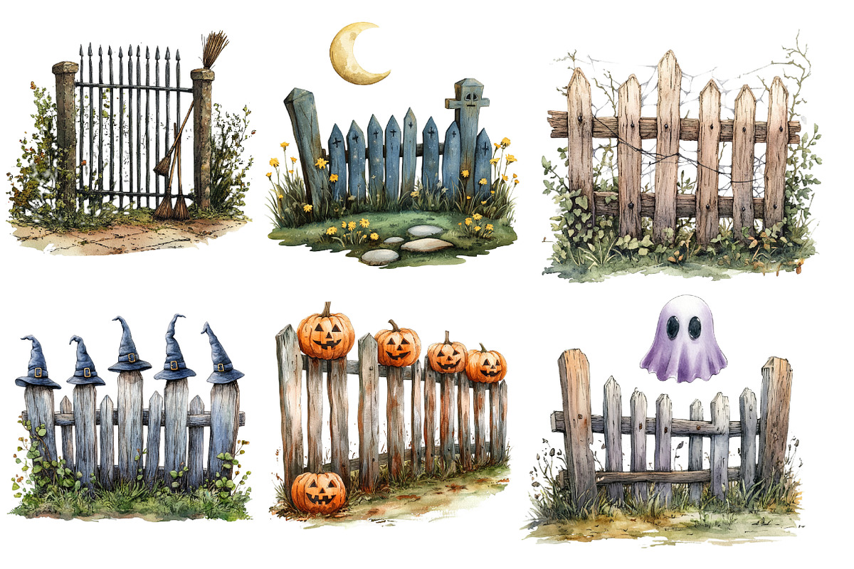 Watercolor Halloween Fence Clipart, an Illustration by Designworld (Photo 3 of 6)