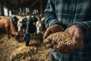 Farmers hands holding cattle feed in, a Photo by Pixeness Studio