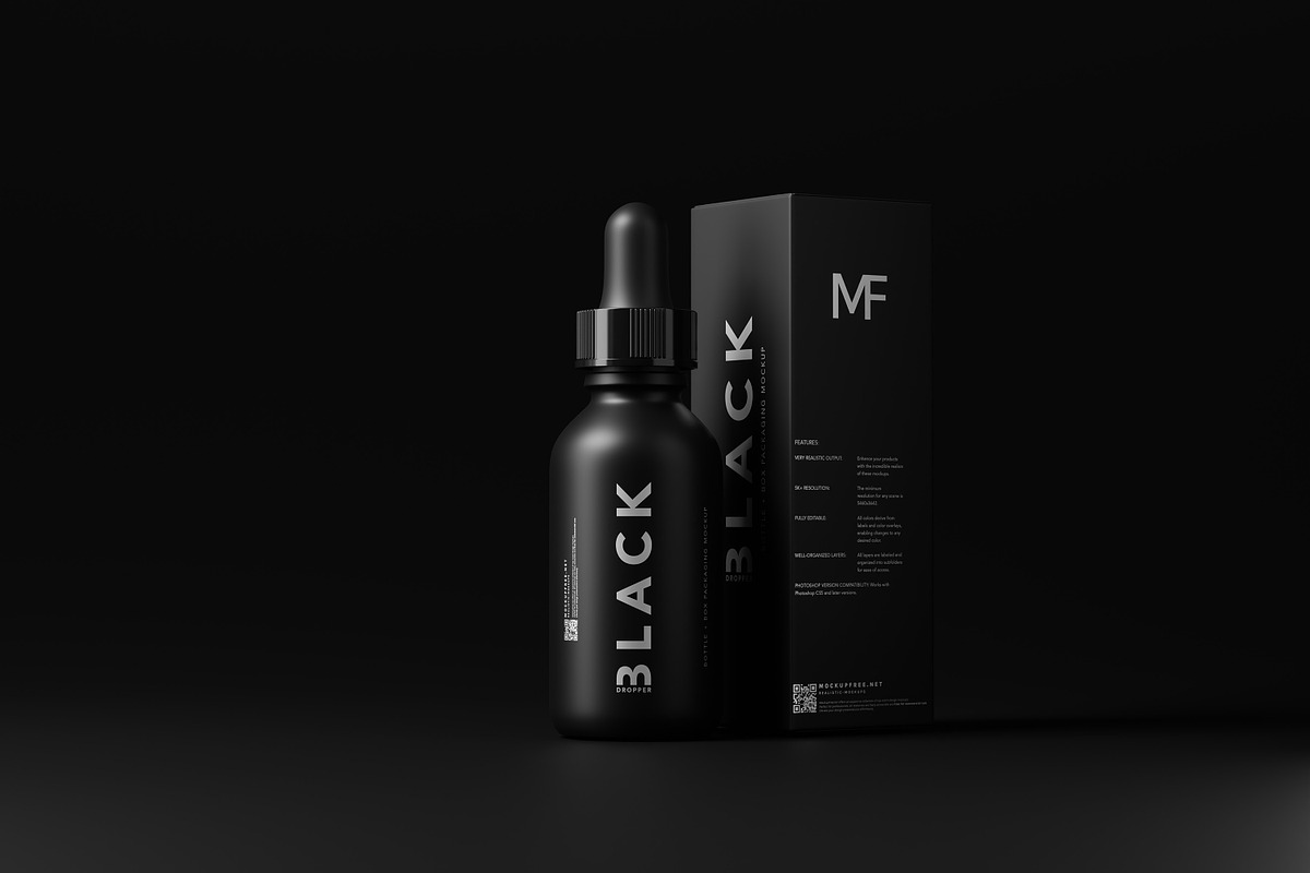 Black Dropper Bottle + Box Mockups, a Packaging Mockup by MockupFree.Net (Photo 1 of 10)