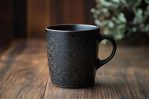 Black ceramic mug on a wooden table, a Photo by Tanuart