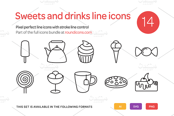 Sweets And Drinks Line Icons Set