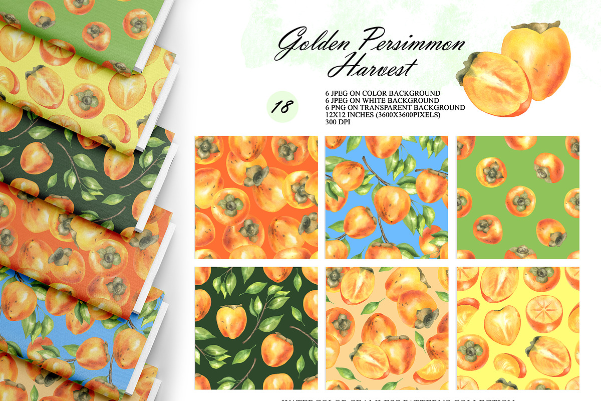 Persimmon Seamless Patterns, a Food Illustration by OlDm_Shop (Photo 1 of 10)