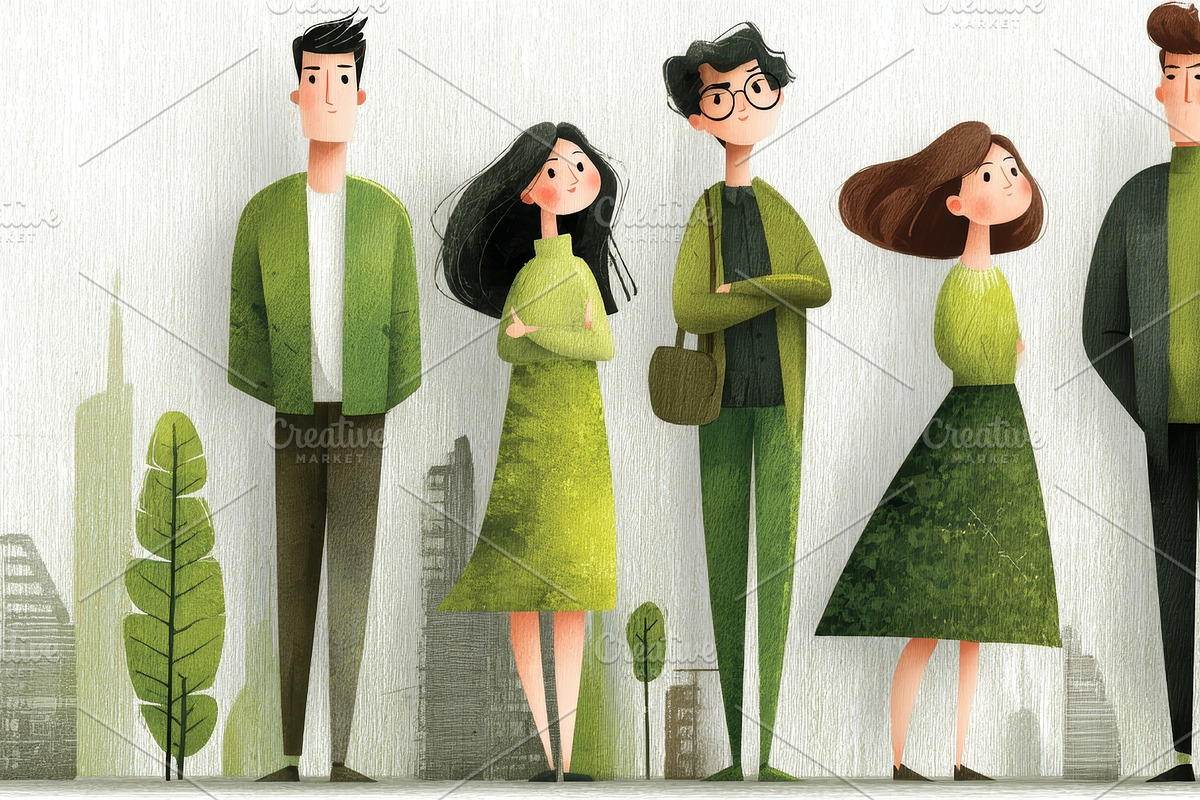 A creative illustration of people in an urban eco-friendly cityscape, an Illustration by AS photostudio