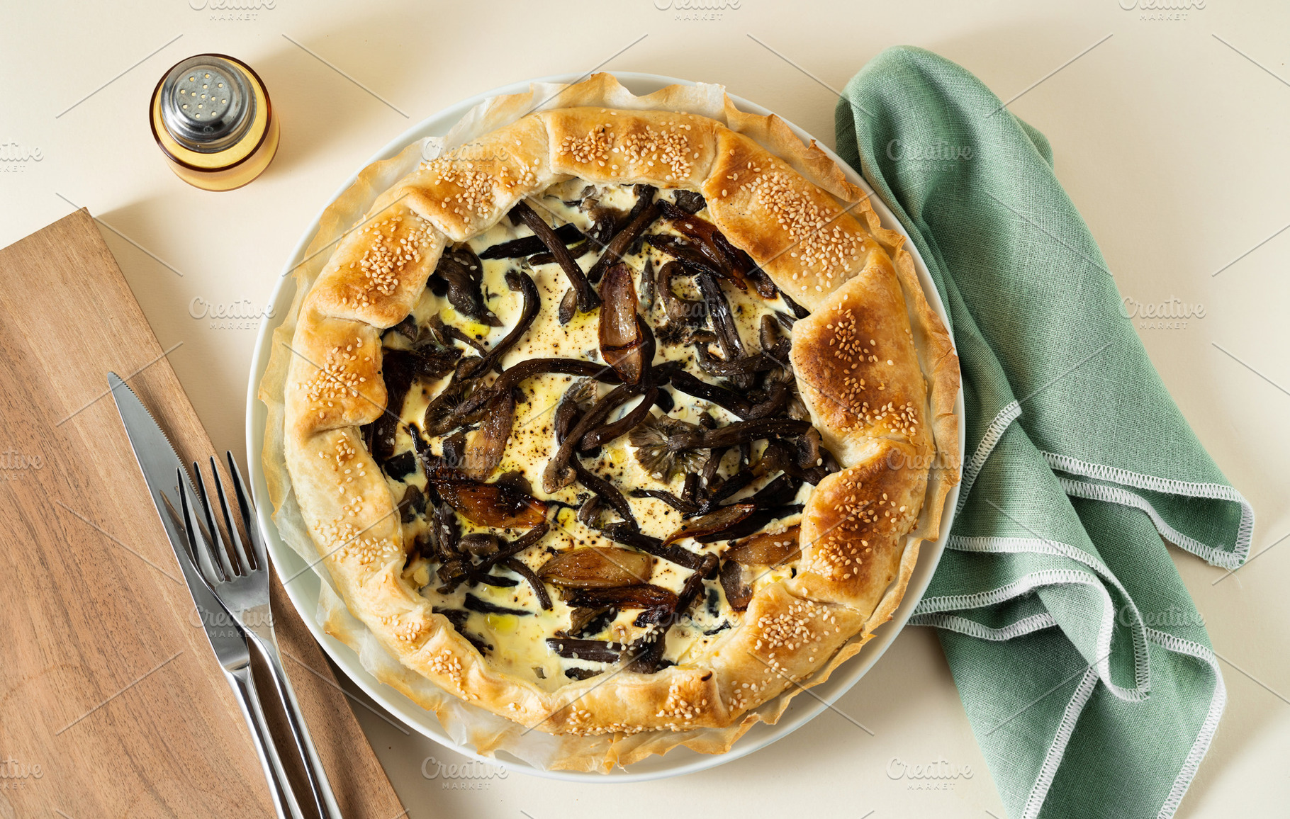 QUICHE LORRAINE pie with mushrooms and onions. minimalist style, a Food & Drink Photo by IriGri
