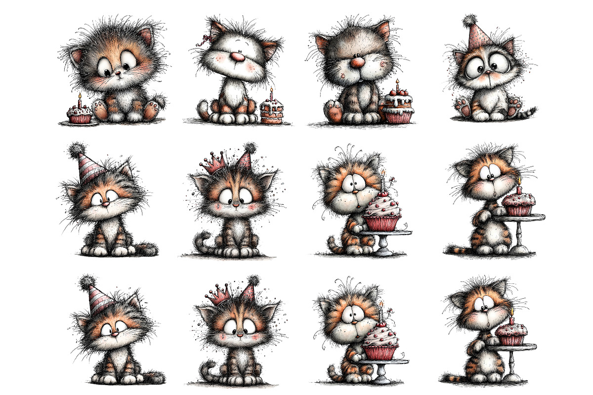 Whimsical Birthday Cats Clipart, an Illustration by DreamArtGraphic (Photo 2 of 5)