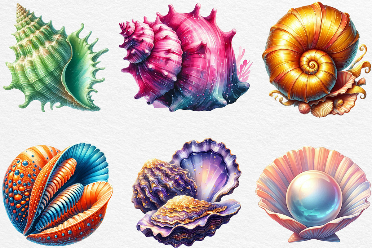 Watercolor Colorful Sea Shell Clipar, an Illustration by Black Bird Studio (Photo 2 of 4)