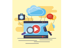 movie screen with multimedia icons, an Object Illustration by studiogstock